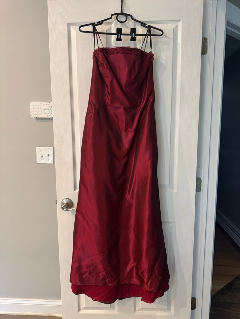 Burgundy Satin Slip Dress Beaded Strappy Formal Gown Size 12